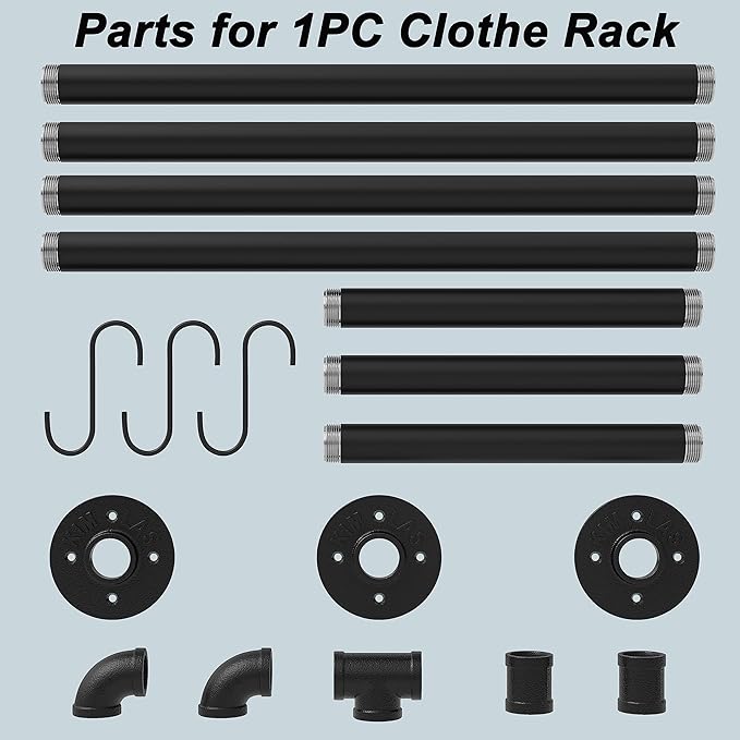 Industrial Pipe Clothes Rack with 3 S-shaped Hooks, 72’'L Wall Mounted Garment Rack, Heavy Duty Iron Garment Bar, Clothes Hanging Rod Bar for Laundry Room, Max Load 135Lb Black (2 Package)