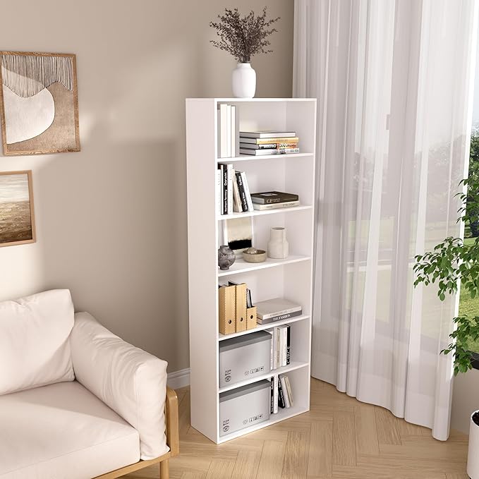 6 Tier Book Shelf，Wooden 6 Cube Storage Organizer,6 Tier Low Bookcase Storage Display Organizer, 64 Inch Versatile Cubes Shelf and Cubby Unit for Any Space (White, 6 Cube-W(23.6inch)