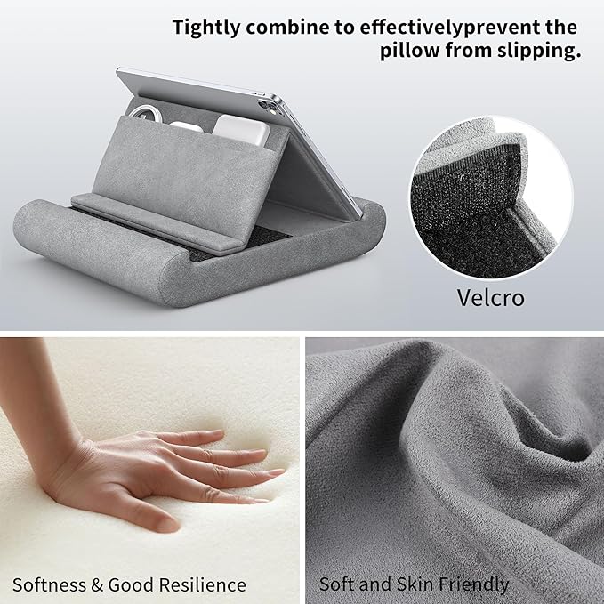 CreaDream Tablet Pillow Stand, Foldable Tablet Holder for Lap, Bed and Desk, Soft Pillow Pad with Pocket and Stylus Mount, for 4-13" Tablets, Like iPad Pro 11, 13, Air, Mini, Kindle, Galaxy Tab, Grey