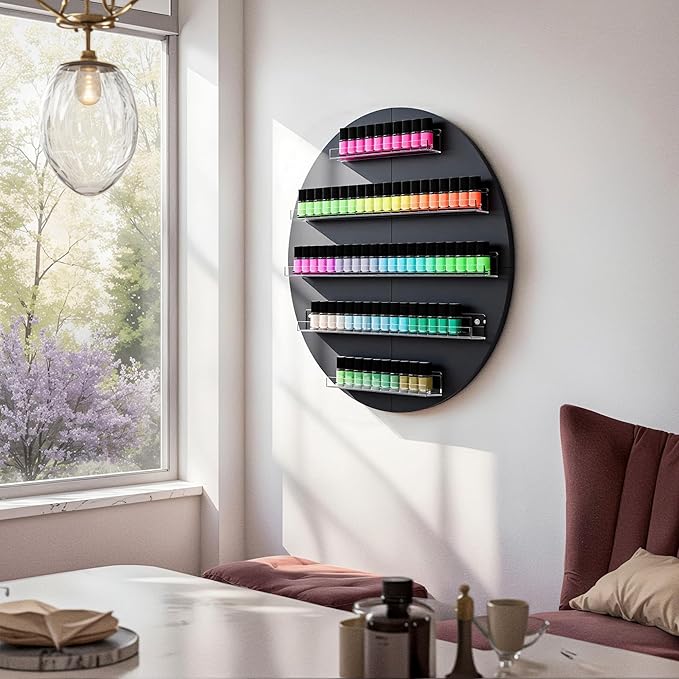 Wall Mount Nail Polish Organizer, Wood Nail Polish Rack w/Acrylic Barrier, 5-Tier Round Storage & Display Shelf, Perfume Essential Oil Bottles Holder, Black