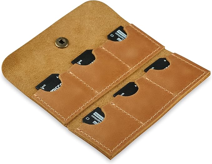 Leather SD/Micro SD Card Holder & Organizer, Storage Case, Travel Memory Card Cover (Vintage Brown)