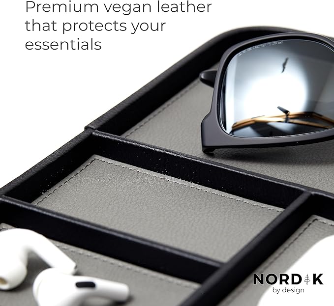 Nordik Leather Valet Tray - Pebble Black - 9.5 x 7.9 Inch Medium Vegan Leather Tray - Stylish Nightstand Organizer for Men - Modern Bedside Caddy - EDC Catchall for Key Watch Wallet Jewellery