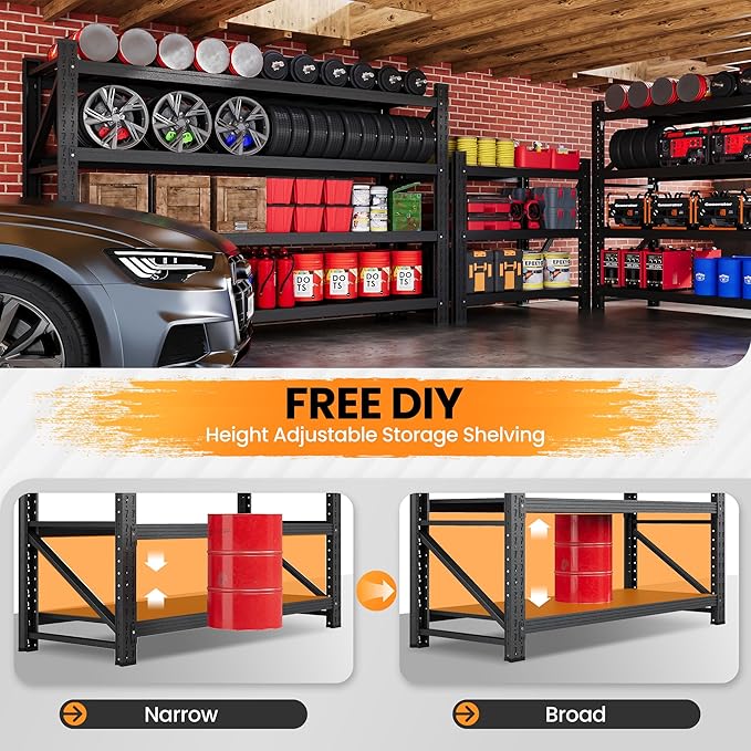 79”W Garage Shelving Heavy Duty, 7000LBS Metal Storage Shelves, 24” Deep Storage rack shelf, Steel Tall Industrial Shelving , 4 Tier Adjustable Standing Shelf for Warehouse / Shop 79"W x 24"D x 79"H