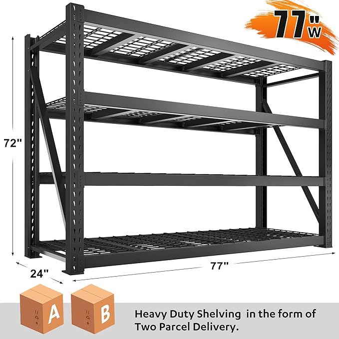 Bepatio 8000LBS Garage Shelving Heavy Duty,77" W Storage Shelves 4 Tier Adjustable Shelves,Metal Shelving Unit, Industrial Storage Shelving for Basement Warehouse Commercial,77" W*24" D*72”H,Black