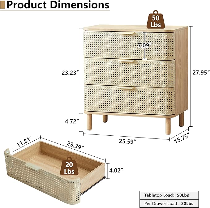 ORRD 3 Drawer Dresser Set of 2, Modern Iron Rattan Cabinet Dresser for Bedroom, Large Nightstand Accent Storage Chest of Drawers for Living Room, Bedroom - Natural
