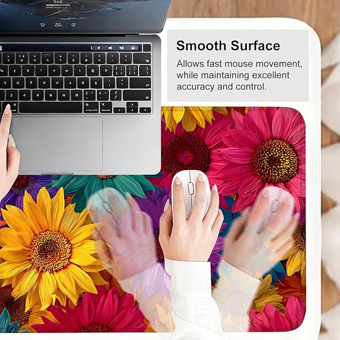 Colorful Floral Mouse Pad – Large Extended Desk Mat 31.5 x 11.8 in– Bright Rainbow Sunflower Design, Non-Slip Rubber Base, Waterproof Surface, Oversized Keyboard & Mouse Pad for Office or Gaming