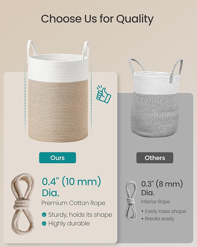 SONGMICS Laundry Hamper, Cotton Rope Laundry Basket with Handles, for Children, Toys, Clothing, Living Room, Bedroom, 15.8 Gallons, 13.8 x 13.8 x 19.7 Inches, White and Grayish Brown URLH061LZ01