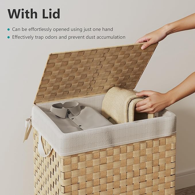 Foldable Laundry Hamper Basket with Lid by Fiona's magic, Handwoven 96L Large Clothes Hamper with Removable Liner Bags, Collapsible Tall Hamper for Bedroom, Bathroom and Dorm Organizer, Natural