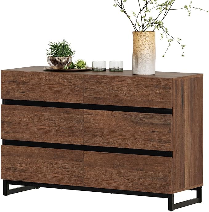 WAMPAT Dresser for Bedroom, Modern Wood Dresser with 6 Drawers, Chest of Drawers with Metal Base, Closet Organizers Storage for Living Room, Bedroom, Brown
