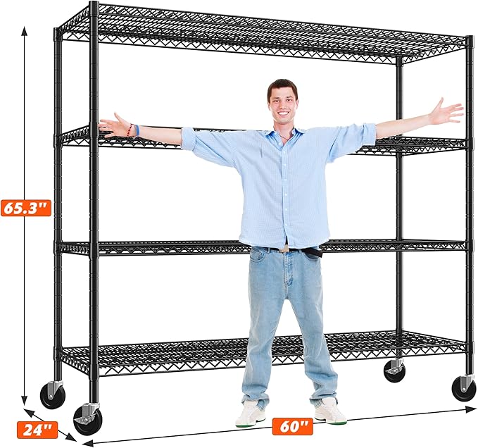 REIBII 60" W Storage Shelves 2878LBS Metal Shelving Unit with Wheels Heavy Duty Garage Shelving Adjustable Wire Shelves for Pantry,Kitchen,Garage,Basement,Business,Warehouse,School,60”W ×24”D×65.3”H