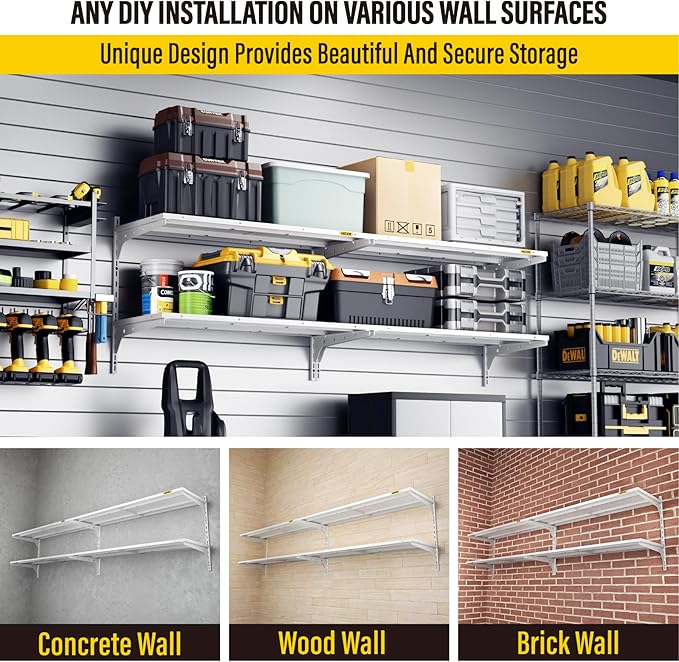 2-Pack 2 Tier 1.3x3ft Garage Shelving Wall Mounted, 500lbs Load Capacity，15.6x36inch per Shelf Height Cassette Adjustable Floating Shelves White