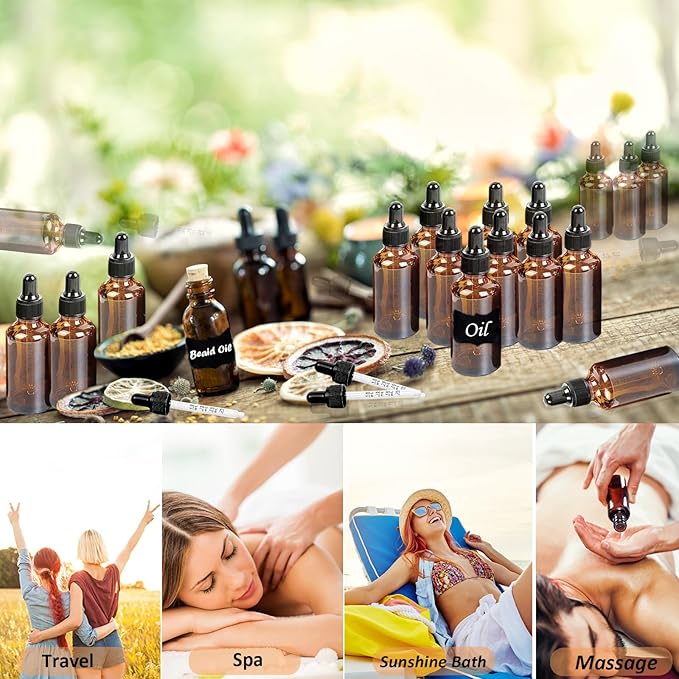 20 Pack,2 Oz Amber Glass Dropper Bottle With Measured Dropper Essential Oil Tincture Bottles,Funnels, Labels,60ml Brown Glass Dispenser Bottle for Oils,Serum,Liquid Medicine Travel Container
