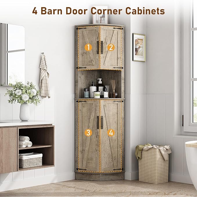 68" Tall Farmhouse Corner Cabinet, Dining Room Storage Cabinet with 4 Barn Doors and 5 Level Storage with Adjustable Shelves, for Kitchen, Living Room, Laundry Room, Light Rustic Oak
