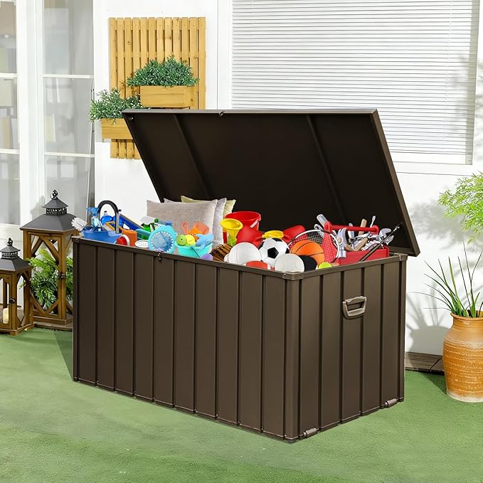 Domi 190 Gallon Metal Deck Box Waterproof, Outdoor Storage Box with Lock Wheels Side Handles, Outside Storage Box for Patio Cushions, Shoes & Pool Tools