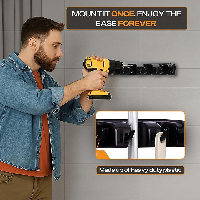 Heavy Duty ABS Plastic Broom Holder with 5 Slots and 6 Hooks | Wall Mount Mop and Broom Hanger | Waterproof Broom Organizer with Screws| Wall Mount Tool Organizer for Garage Storage