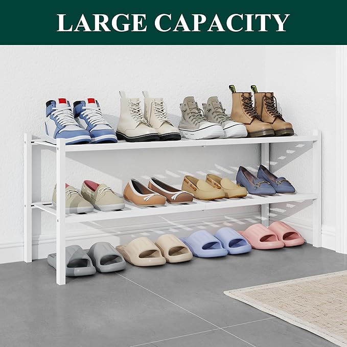 Smiry Bamboo Shoe Rack for Closet, 2 Tier Long Wooden Stackable Shoe Organizer, Free Standing Shoes Storage Shelf for Entryway, Front Door Entrance, White