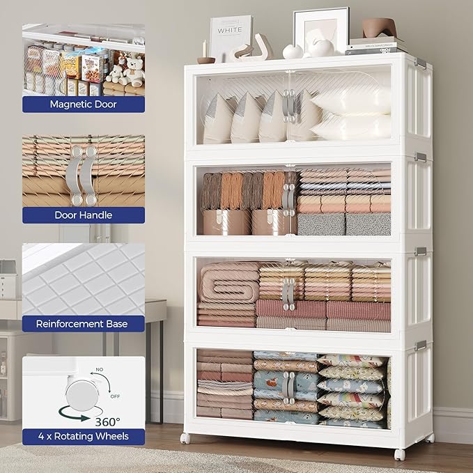 600QT Extra Large Stackable Storage Bins with Lid & Wheels & Doors, 150Gal Foldable Collapsible Closet Organizers, Plastic Cabinet Box Container Drawer for Home Kitchen Bedroom, 5Pack White