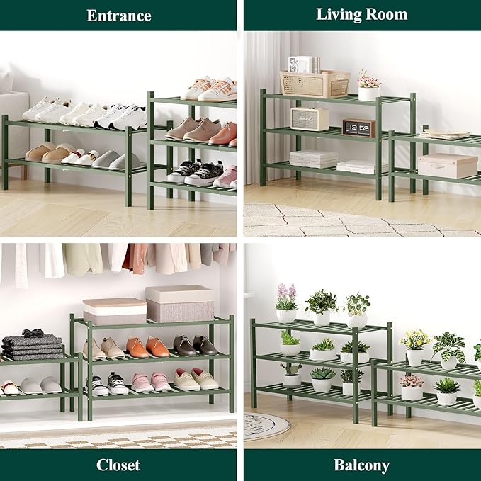 Smiry Bamboo Shoe Rack for Closet, 2 Tier Wooden Stackable Shoe Organizer, Free Standing Shoes Storage Shelf for Entryway, Front Door Entrance, Green