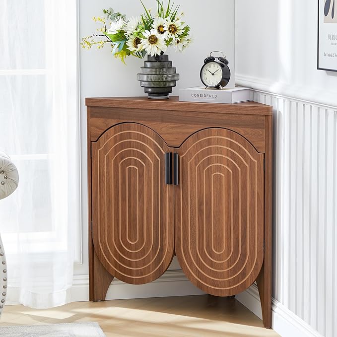 Small Corner Storage Cabinet, Mid Century Modern Floor Corner Cabinet with Curved Doors and Adjustable Shelves，Freestanding Narrow Storage Organizer for Bathroom, Living Room, Entryway(Walnut)