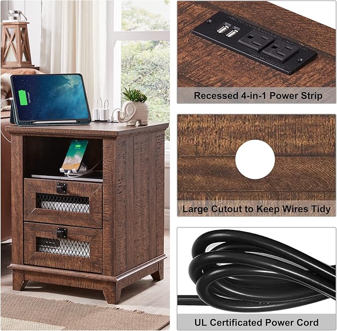 Nightstand with Charging Station,OKD 18'' Industrial & Farmhouse End Table with 2 Drawers &Open Cubby, Rustic Mesh Drawer Sofa Side Table w/Storage for Bedroom, Living Room, Office, Reclaimed Barnwood