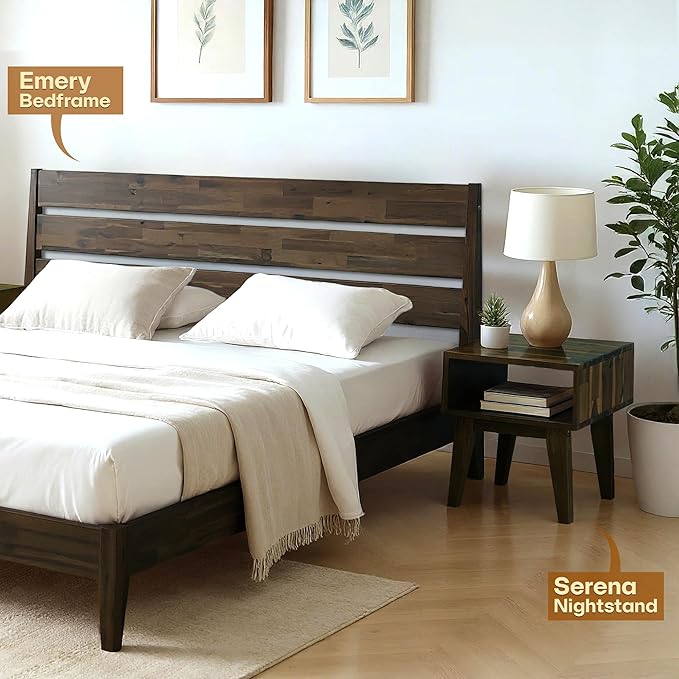 Acacia Serena Nightstand Solid Wood Nightstand with Open Storage Shelf, Wood Bedside Table, Night Stands for Bedroom - Mocha