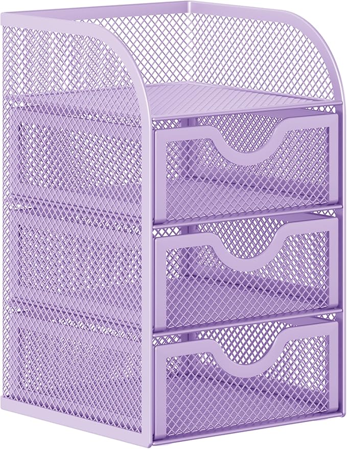 EasyPAG Mesh Desk Organizer with 3 Drawer Office Desktop Organizers and Accessories Stationery Caddy for Office, Home, Students, Purple