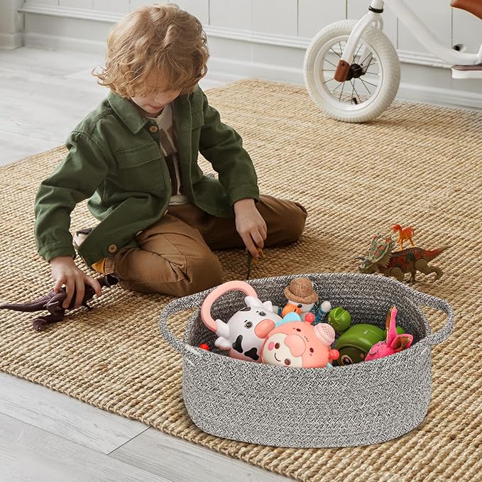 Small Woven Cotton Rope Basket Cute Baby Gift Baskets Empty Decorative Storage for Organizing Shelves Closet Baby Nursery Basket Bin Toy Storage Tote Organizer 13.7"x10.2"x5" Grey easter