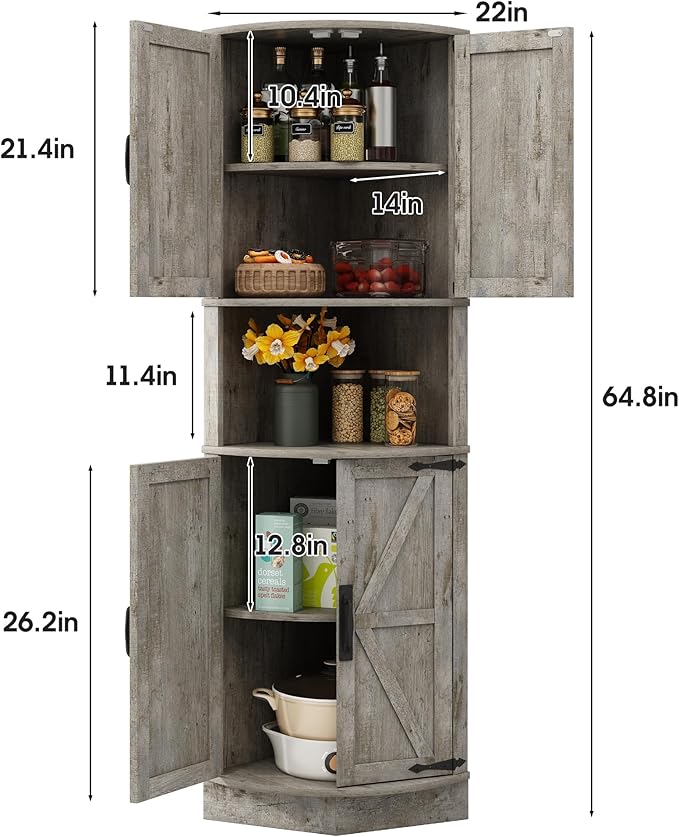 Vabches 64.8" Tall Farmhouse Corner Cabinet with 4 Doors and 5 Storage Shelves, Farmhouse Storage Cabinet with Barn Door Design, Home Space Saver for Living Room, Kitchen, Laundry Room,Grey