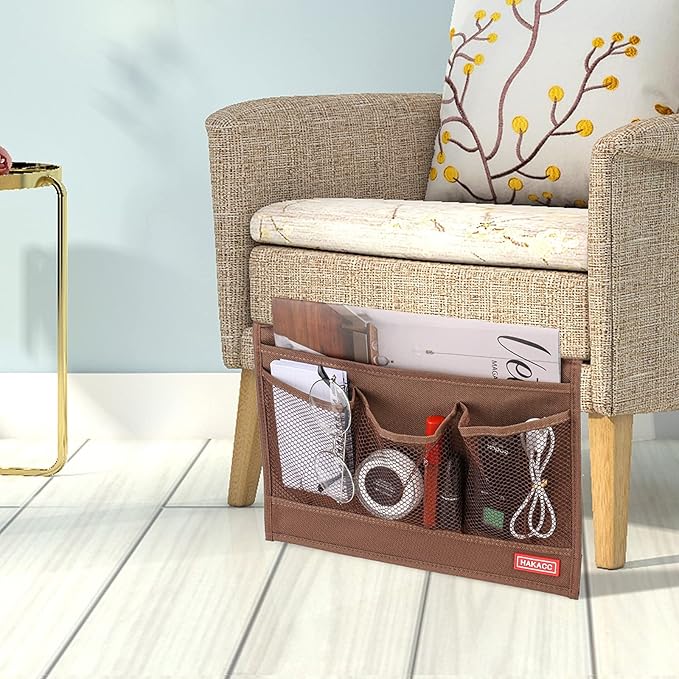 HAKACC Bedside Organizer, Bedside Storage Caddy Organizer with Hanging Pocket, Remote Holder for Bed Accessories, Brown