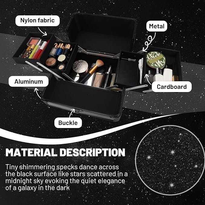 Large Makeup Train Case Cosmetic Organizer Case Makeup Box Portable Make Up Artist Travel Case with 4 Trays with Dividers Lockable Hard Train Case Nail Tech Supply Storage - Starry Black