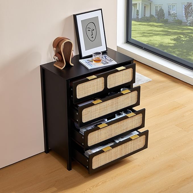 4 Drawer Dresser with Rattan Finish, Modern Farmhouse Chest of Drawers with Metal Handles, Accent Wood Storage Cabinet for Bedroom, Living Room (Black-4 Drawers)