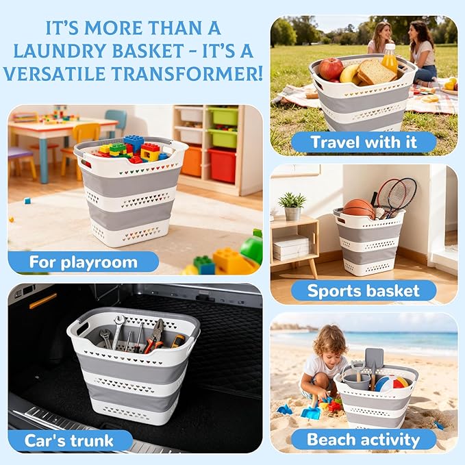 2 Pcs Collapsible Laundry Baskets for Dirty Clothes, 43L Plastic Laundry Hamper for Dorm Bedroom, Space Saving Pop-Up Laundry Hamper Container, Durable Foldable Laundry Basket with Handles (Grey)
