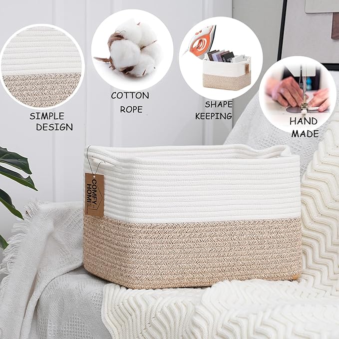 COMFY-HOMI 3-Pack Cotton Rope Woven Basket with Handles for Shelves, Books, Toys, Cloth Storage|Towel Storage|Nursery Baby Basket - 13.5" x 11" x 9.5" for Living Room (White/Brown)