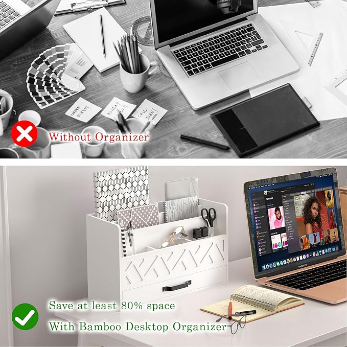 Bamboo Mail Organizer Countertop Wood Desk Organizer Drawer Tabletop Storage Box Letter Sorter Makeup Organizer for School Home Office Supplies White