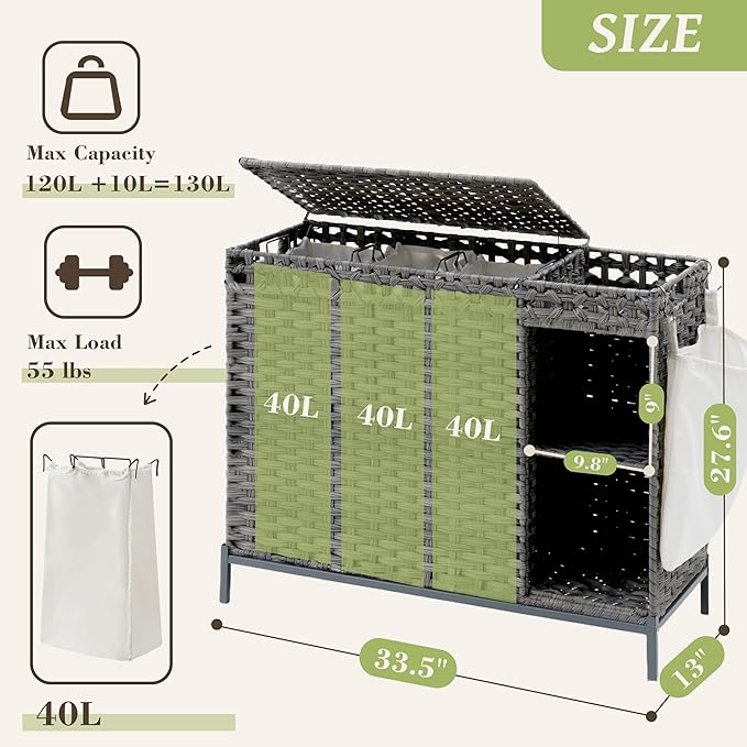 Laundry Hamper with Lid, 130L (34.4 Gal) Rattan Laundry Hamper 3 Section with 50L(13.2 Gal) Storage Shelf, Wicker Woven Laundry Sorter Basket with 4 Liner Bags and Handles, Natural GLH003N
