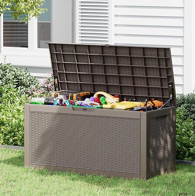 100 Gallon Outdoor Storage Box Waterproof, Resin Deck Box Doubles as 2-Person Bench Seat, Lockable Patio Storage Boxes Outdoor Waterproof for Furniture, Gardening Tools, Grey