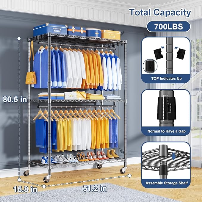 P8 Heavy Duty Clothes Rack（With Extended Width Design） Rolling Clothing Racks for Hanging Clothes，Portable Garment Rack with Lockable Wheels，51.2" W x 15.8" D x 80.5" H，Max Load 700LBS，Grey