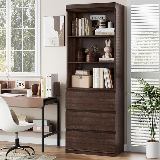 GarveeHome 70" Tall Bookcase with Drawers, Bookshelf w/ 3 Tier Open Shelves & 3 Storage Drawers, Modern Deep Storage Book Shelf Storage Cabinet Organizer for Living Room Office Library (Brown)