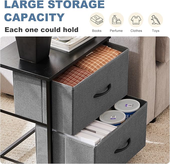 DUMOS Nightstand Set of 2, Small Dresser with 2 Fabric Drawers Side Bedroom End Table Kids Bedside Storage Furniture for 25 inch Tall Night Stand for Closet, Entryway, College Dorm, Grey, M-2 Pack