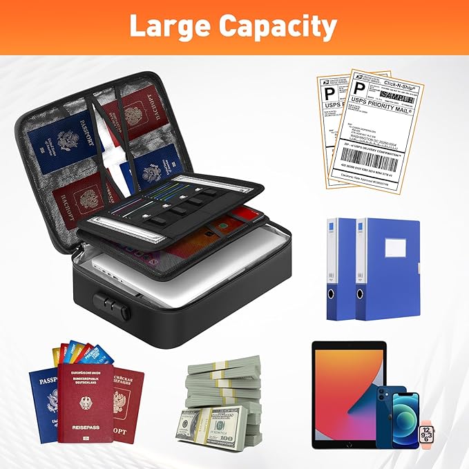 5200°F Fireproof Document Bag with Lock - Mondoshop Heat-Insulated Fireproof Document Box, Important Document Organizer, Portable Travel Fireproof Safe for Home Document, Passport, Laptop, Cards(Soft)