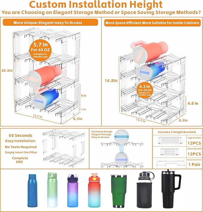 Yieach Stackable Water Bottle Organizer for Cabinet Yeti or Stanley Storage Organizers - Larger Compartment for 40 oz Stanley Cup Holder and Other Tumbler Organizers,Waterbottle Rack for Pantry,4 Tier