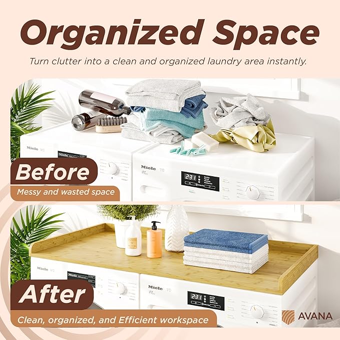 Avana (100% Natural Solid Wood Washer Dryer Countertop – Bamboo Pine Laundry Countertop with Raised Edges, 54” x 27.5” Counter Top for Washer and Dryer, Laundry Room Organizer & Tabletop