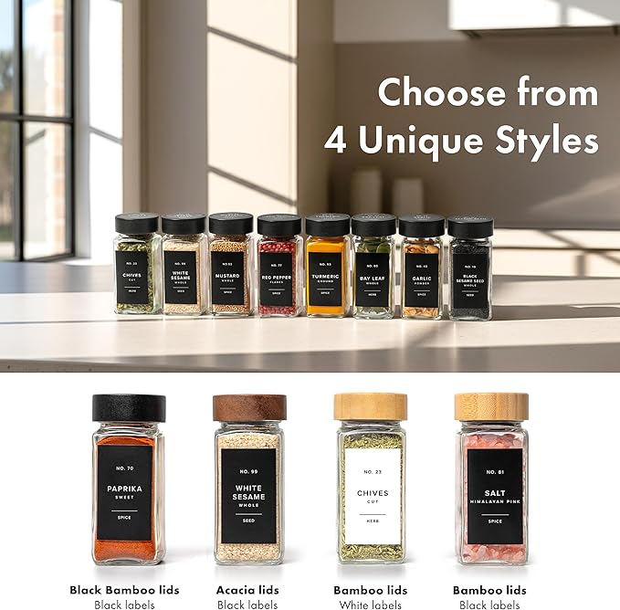 Square Spice Jars with Black Bamboo Wooden Lid (Pack of 24) Spice Jars with Shaker Insert and 240 Labels - Bamboo Lid Glass Container for Spice Organisation [4.3 in × 1.8 in]