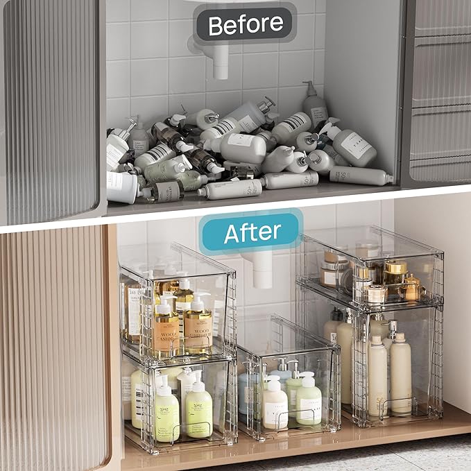 Vtopmart 6 Pack Clear Stackable Storage Drawers,Easy to Assemble Bathroom Organizers and Storage with handles,Plastic Drawers for Kitchen Pantry,Cabinet,Under Sink Organization