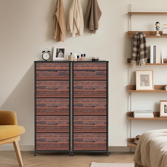 5 Fabric Drawer Dresser for Bedroom, Chest of Drawers with Waterproof Wood Top Tall Dresser for Hallway, Living Room, Kid Room (Rustic Brown)