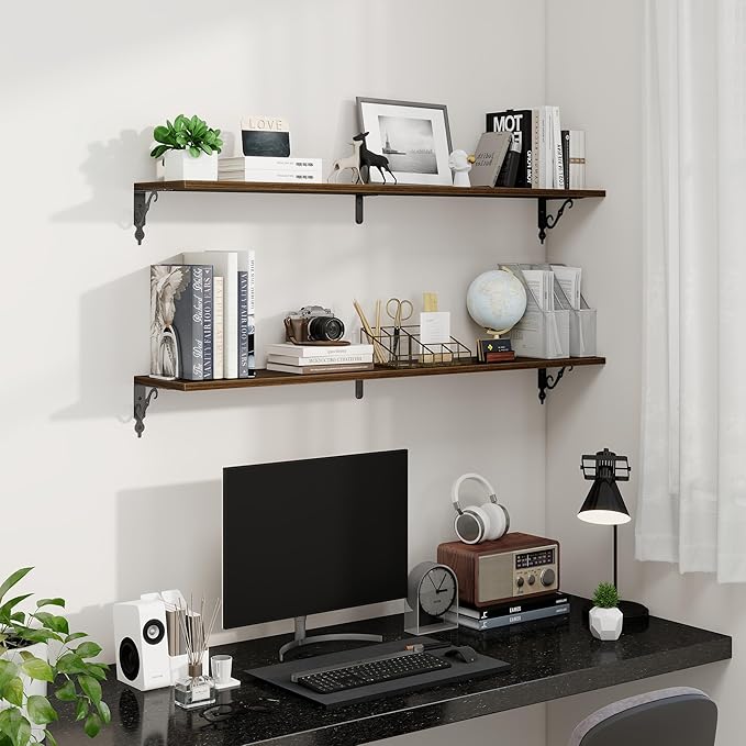 Fun Memories Large Floating Shelves for Wall 48 Inches Long, 8 Inch Deep Shelves with Metal Bracket, 48 Inch Floating Shelves Wall-Mounted, Wide Display & Storage Bookshelves, Walnut, Set of 2