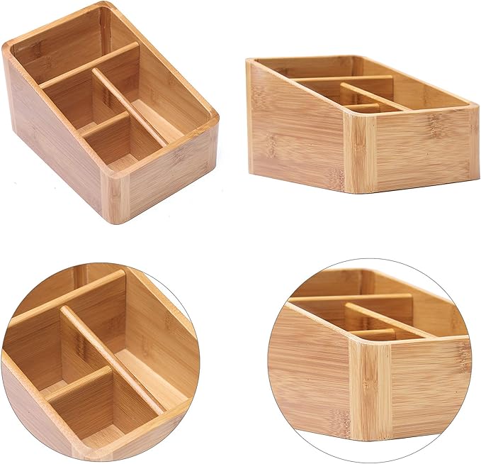 VolksRose Desk Remote Control Holder Multi-Function Coffee Table Office Supplies Storage Organizer, Home Sundries Bamboo Storage Box with 4 Compartments - Perfect for Makeup, TV Guide, iPad, Caddy #3