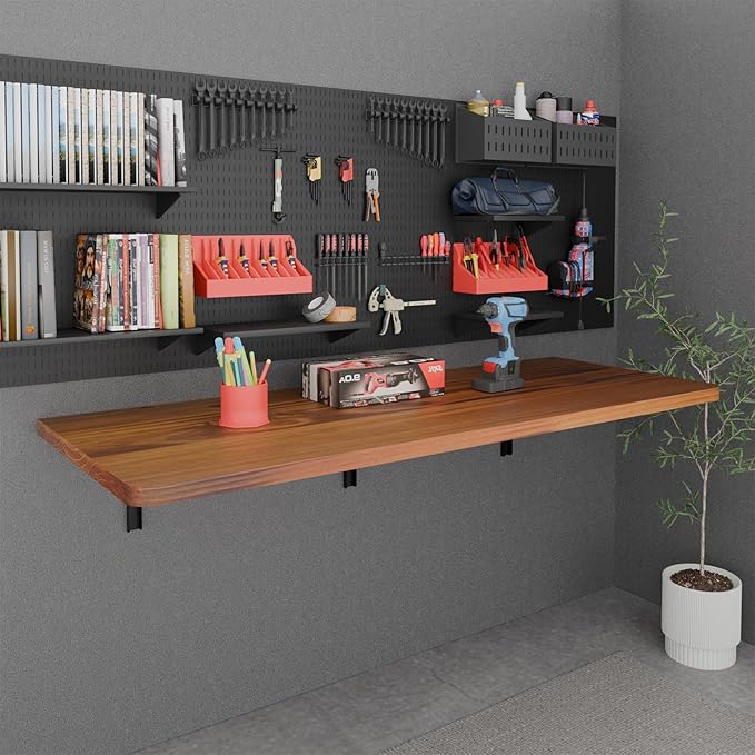 IAE Floating Wall Mounted Folding Table Desk with Pine Wood,55" x 22" Foldable Workbench,Fold Down Wall Mounted Foldable Desk with Shelf Brackets,Laundry Folding Table for Home,Dining,Kitchen,Teak