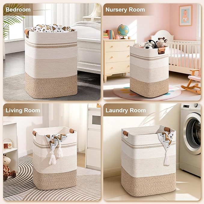 Laundry Hamper, 85L Tall Laundry Basket with Leather Handles, Rectangle Large Clothes Hamper for Organizing, Cotton Woven Laundry Baskets Storage Hampers for Bedroom, Nursery, Living Room