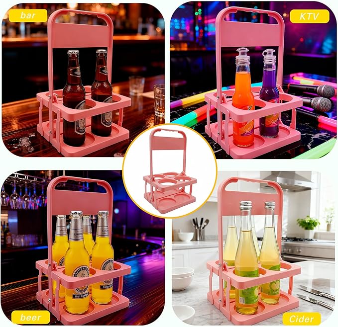 Foldable Beer Carrier 2/4/6 Pack, Heavy-Duty Plastic Drink Caddy, Portable Beverage Tote with Handle,cup carriers (pink, 4 cups)